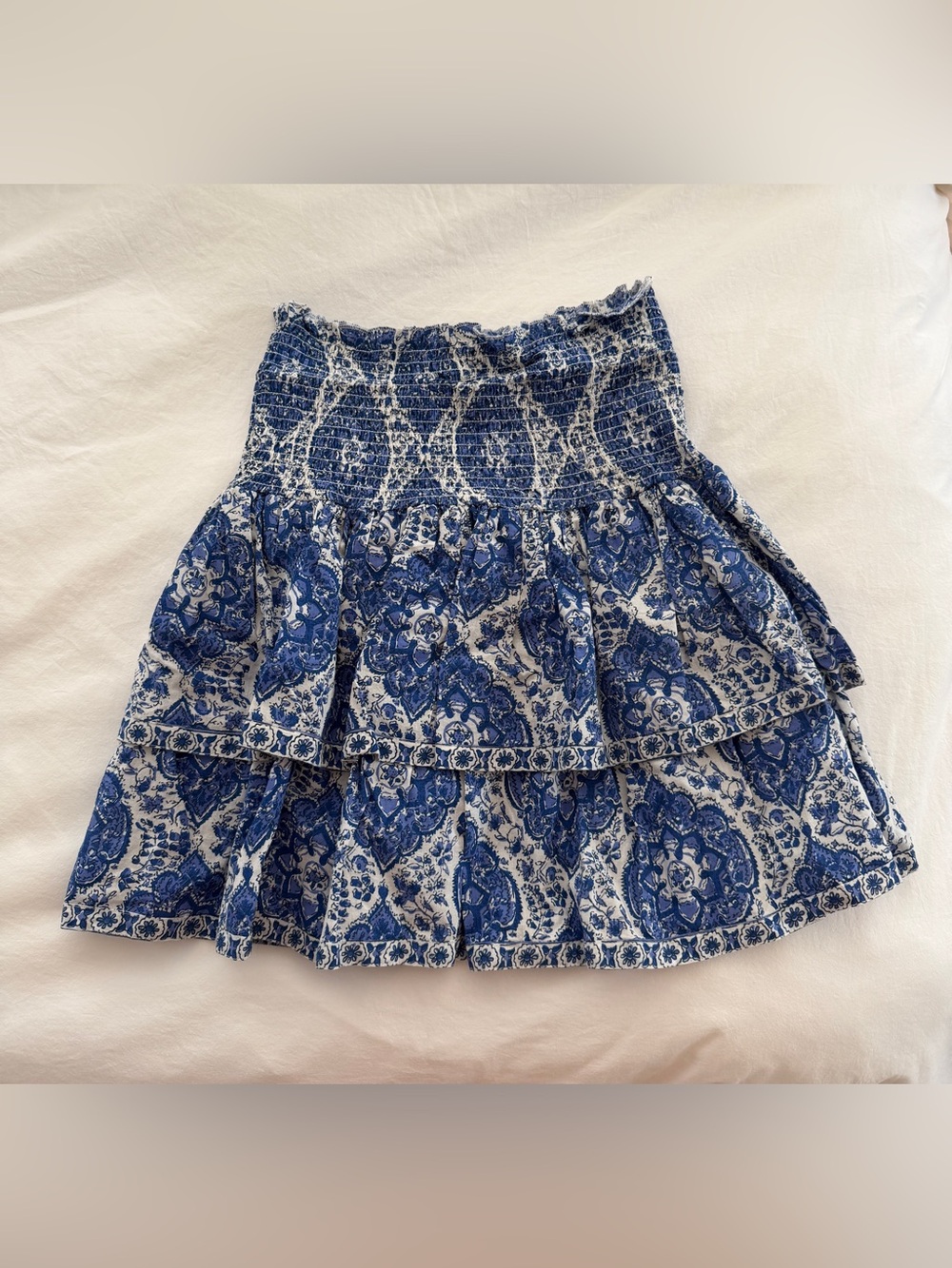 Blue Printed Tiered Smocked Skirt
